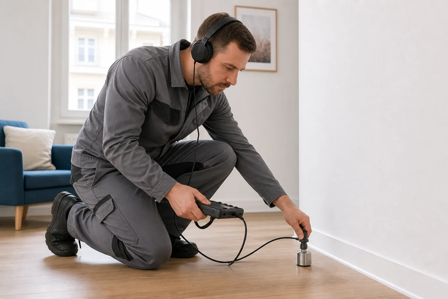 Techniker nutzt ein Bodenmikrofon/akustischen Sensor am Boden-Wand-Anschluss.