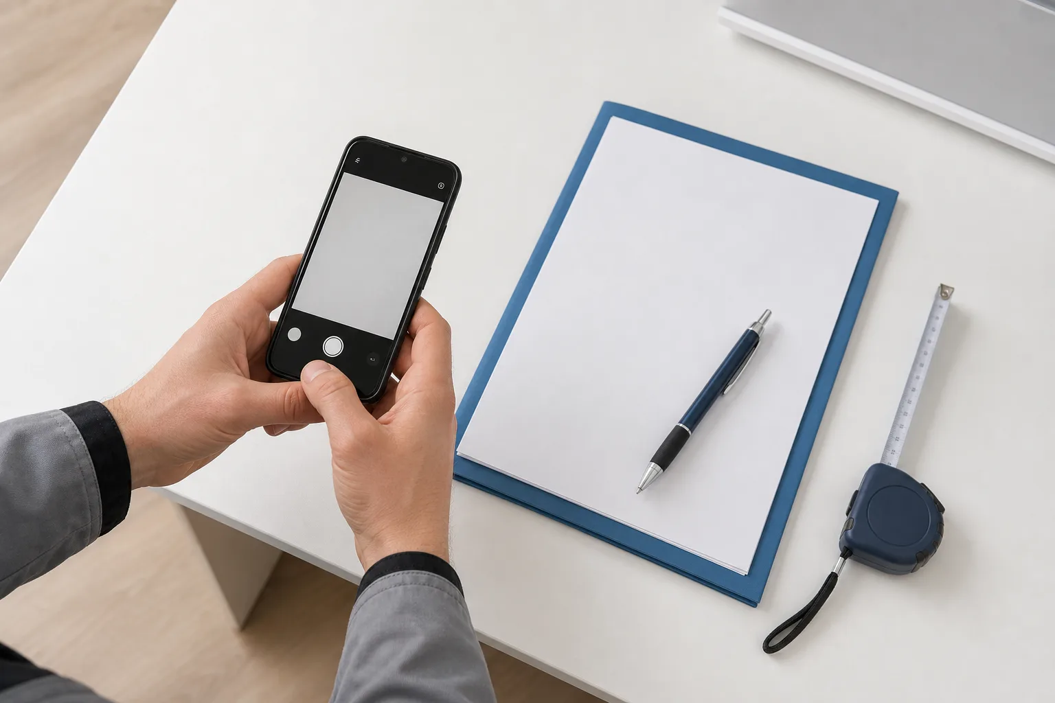 Smartphone-Dokumentation am Tisch neben neutralen Unterlagen (ohne lesbaren Text).