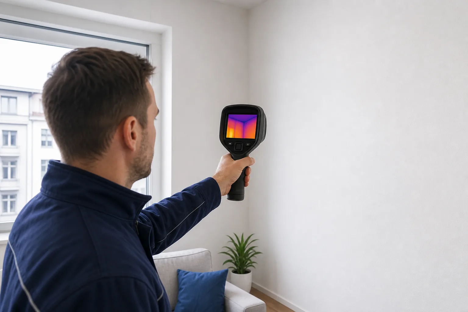 Techniker nutzt eine Wärmebildkamera, um eine Innenwand zu scannen.