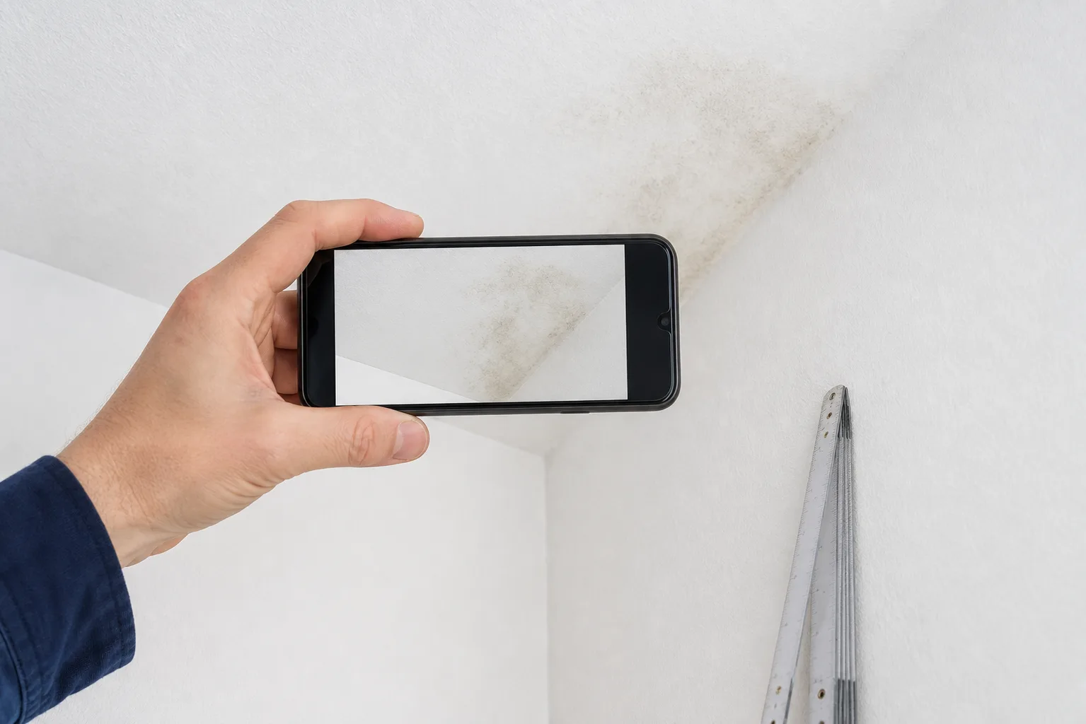 Smartphone fotografiert einen Feuchtefleck; neutrale Umgebung ohne lesbare Dokumente.