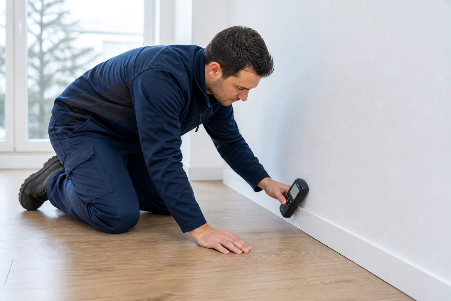 Feuchtemessung am Wand-Boden-Anschluss/Sockelleiste.