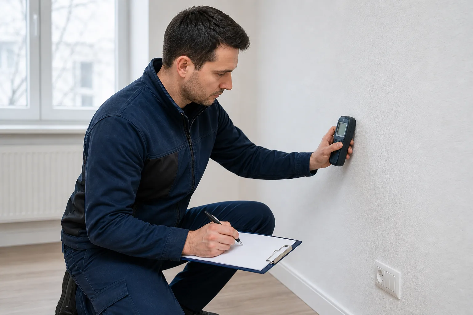 Feuchtemessung mit Protokoll/Notizen in neutraler Wohnung.