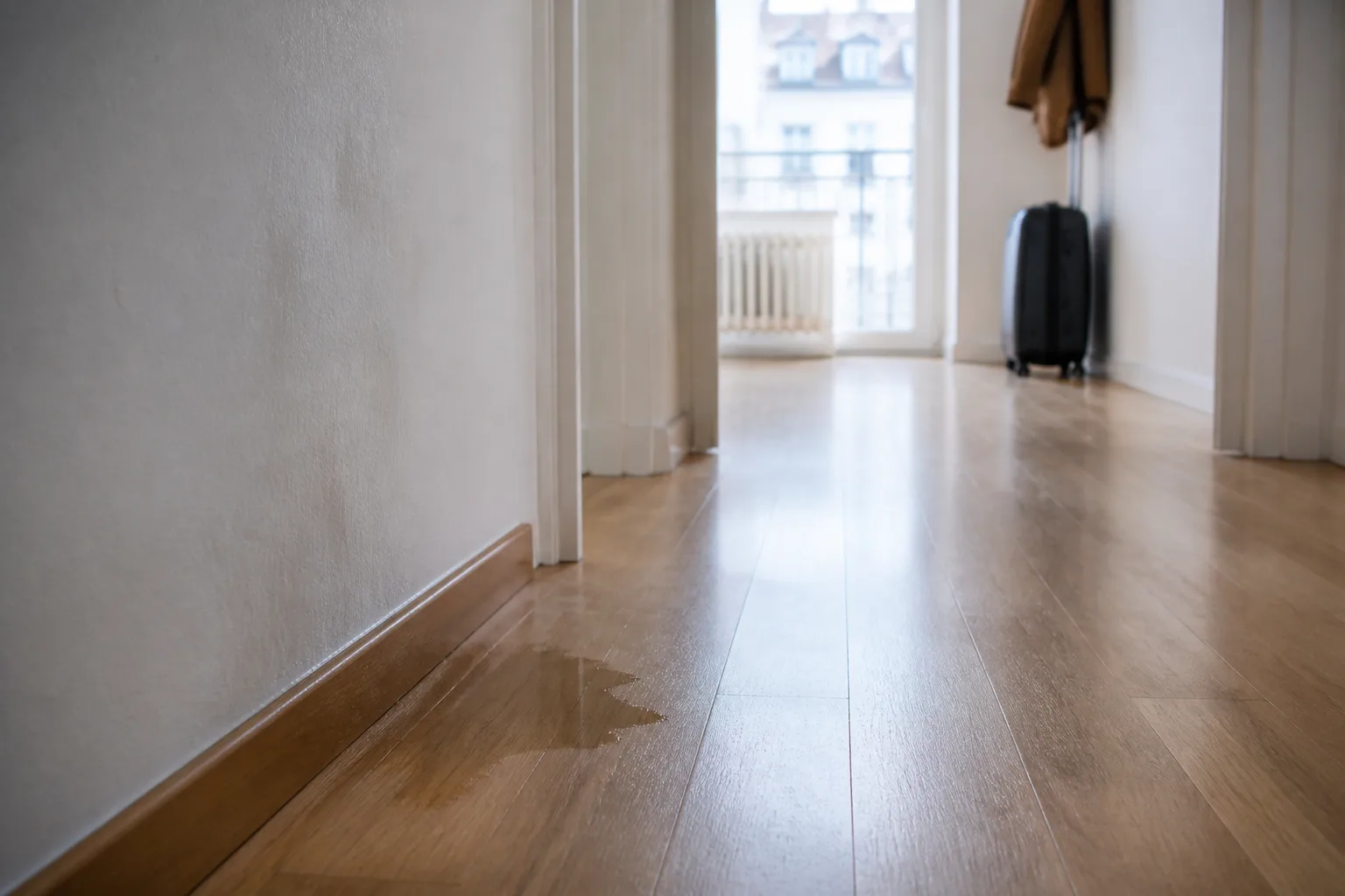 Heimkehr in eine Wohnung mit Feuchte am Boden (neutral, nicht dramatisch).