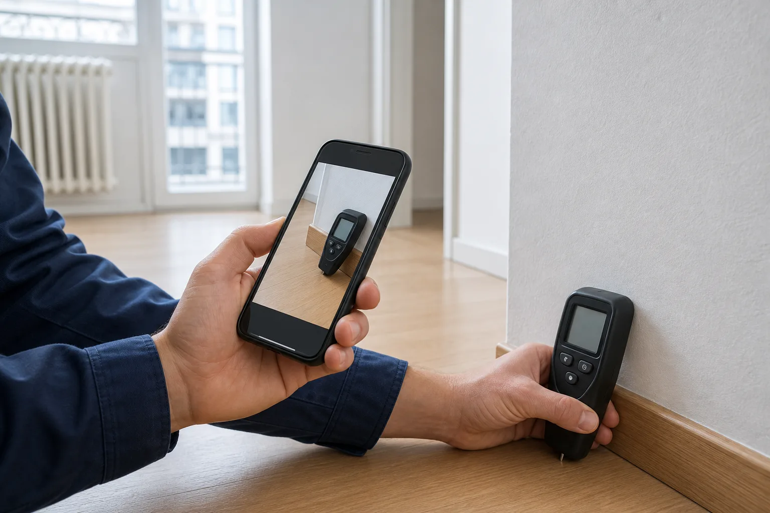 Smartphone dokumentiert eine Feuchtemessung am Boden.