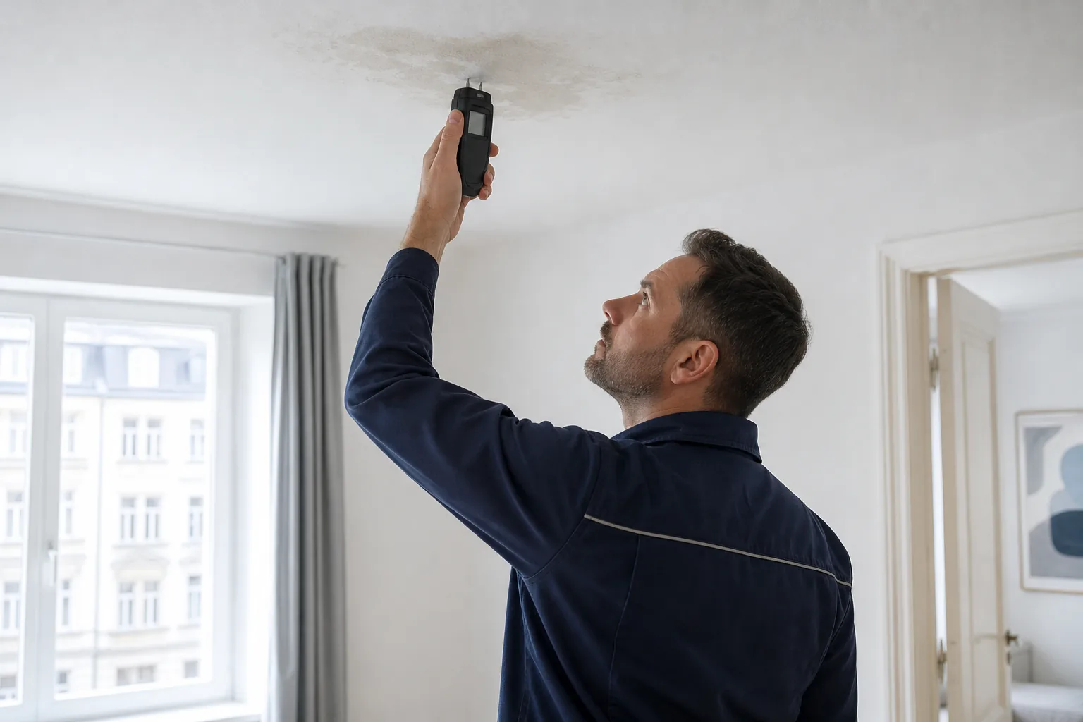 Techniker misst Feuchte an der Decke.