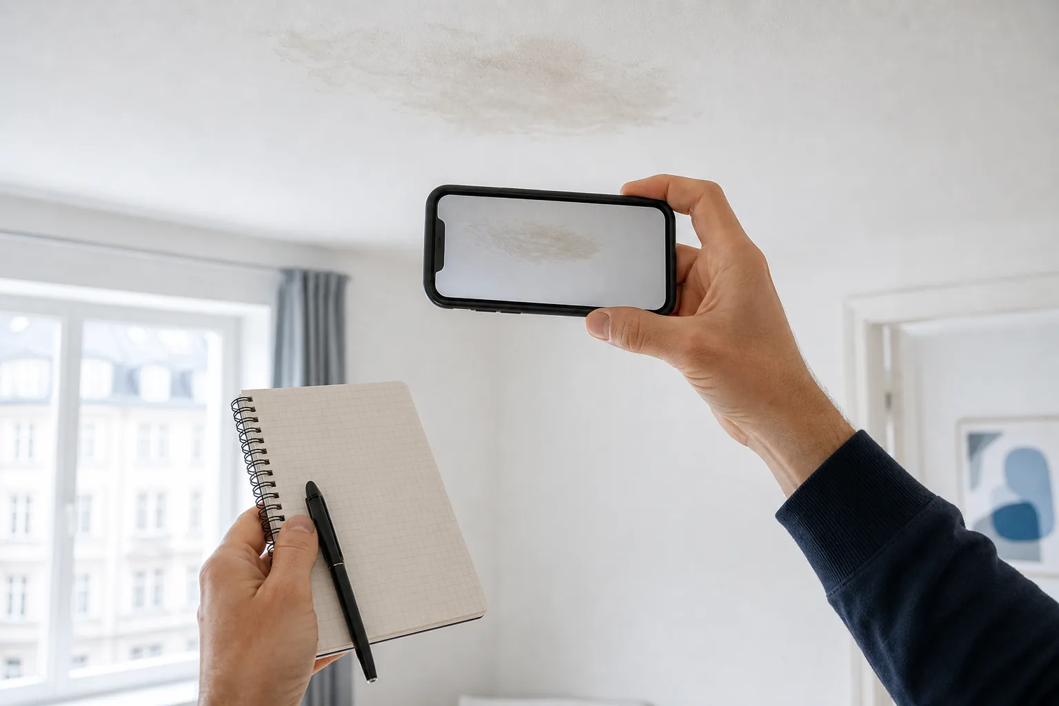 Smartphone fotografiert Wasserschaden an der Decke, Notizblock daneben.