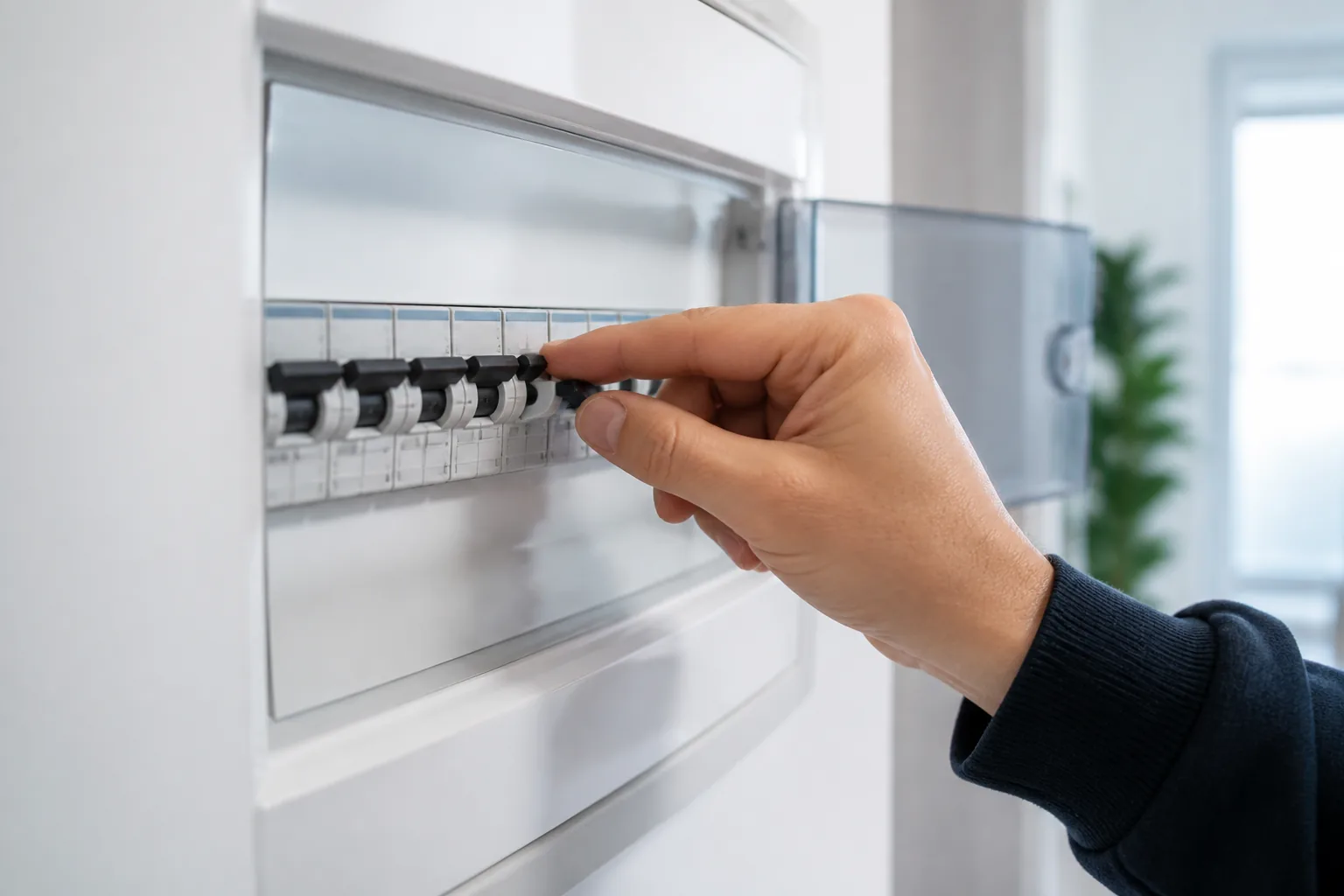 Hand schaltet Sicherung im Sicherungskasten aus.