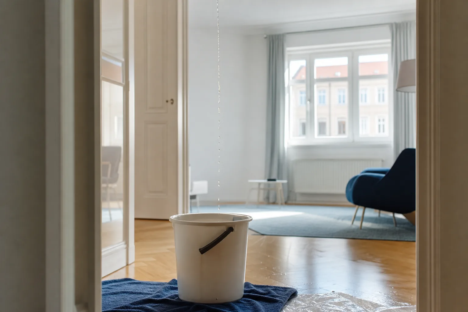 Wasser tropft in einen Eimer unter der Decke.