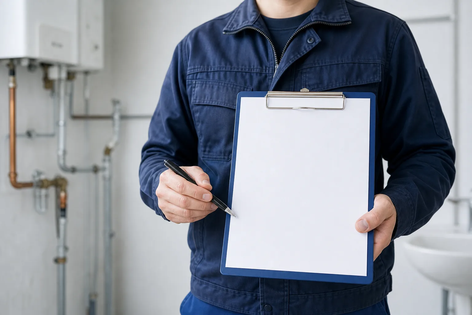 Installateur hält neutrale Arbeitsbestätigung.