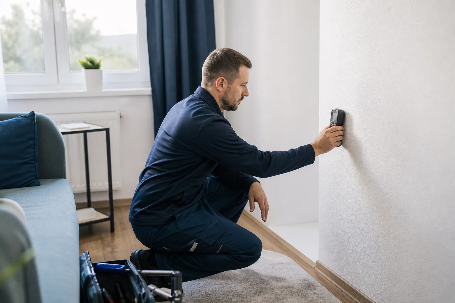 Techniker misst Feuchte an einer Innenwand