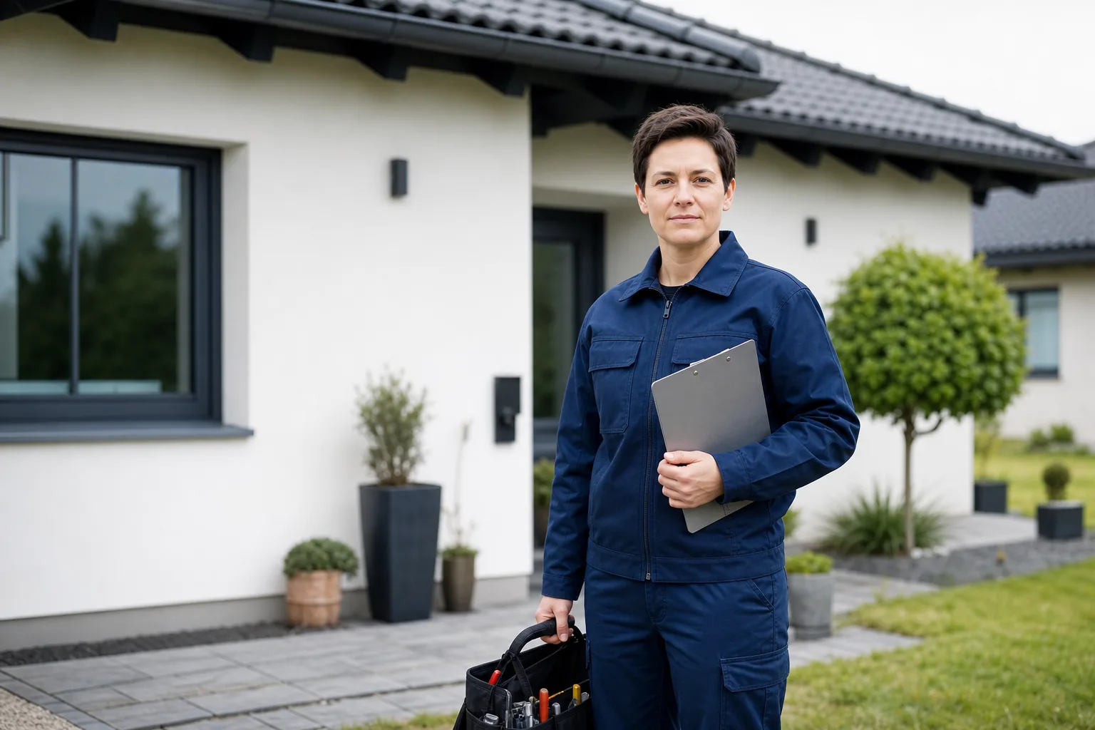 Leckortungstechniker vor einem Einfamilienhaus