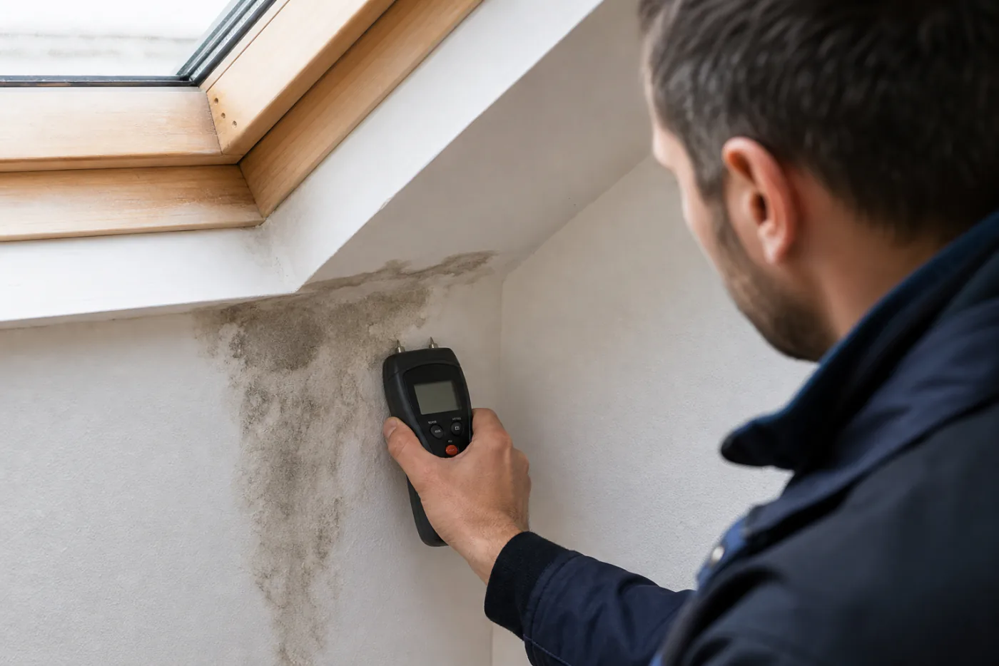 Feuchtemessung an der Wand nahe Dachfenster