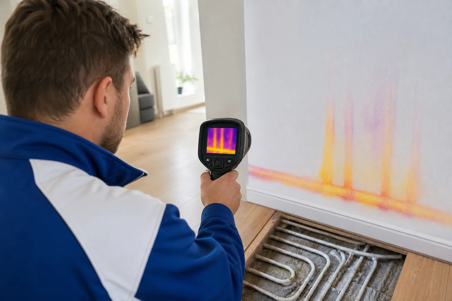 Thermografieaufnahme einer Wand/Heizkreis-Situation mit neutralem IR-Kamerabild (ohne Text)