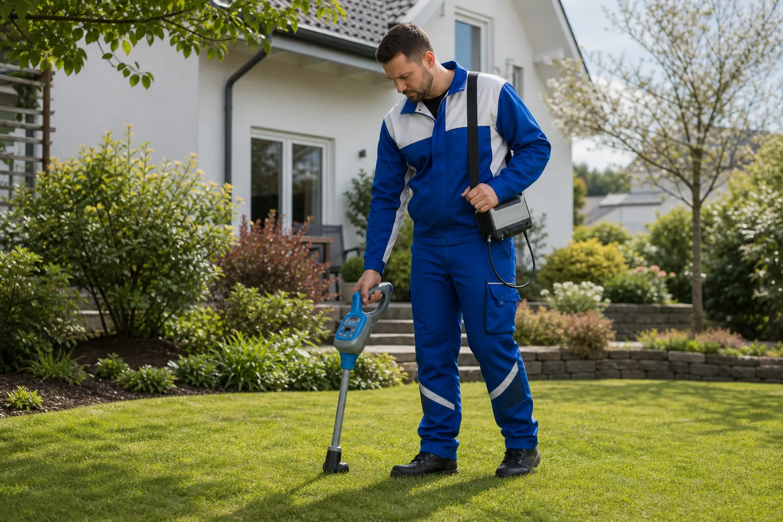 Techniker ortet eine Außenleitung im Gartenbereich mit Ortungsgerät