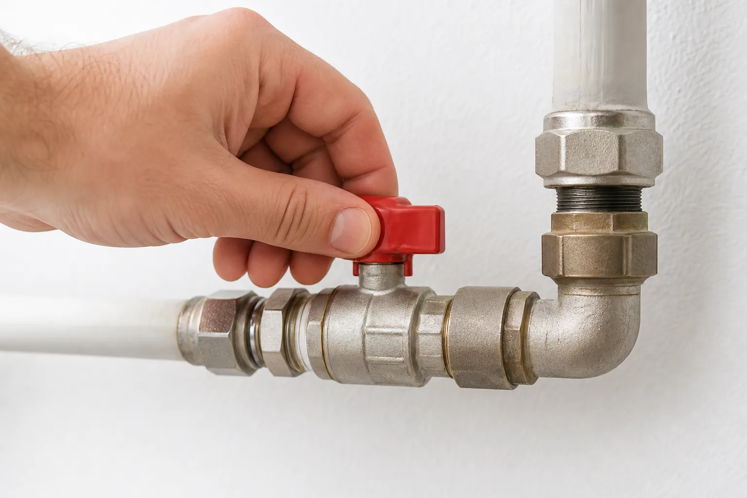Hand dreht einen Absperrhahn/Absperrventil zu, um Wasserfluss zu stoppen