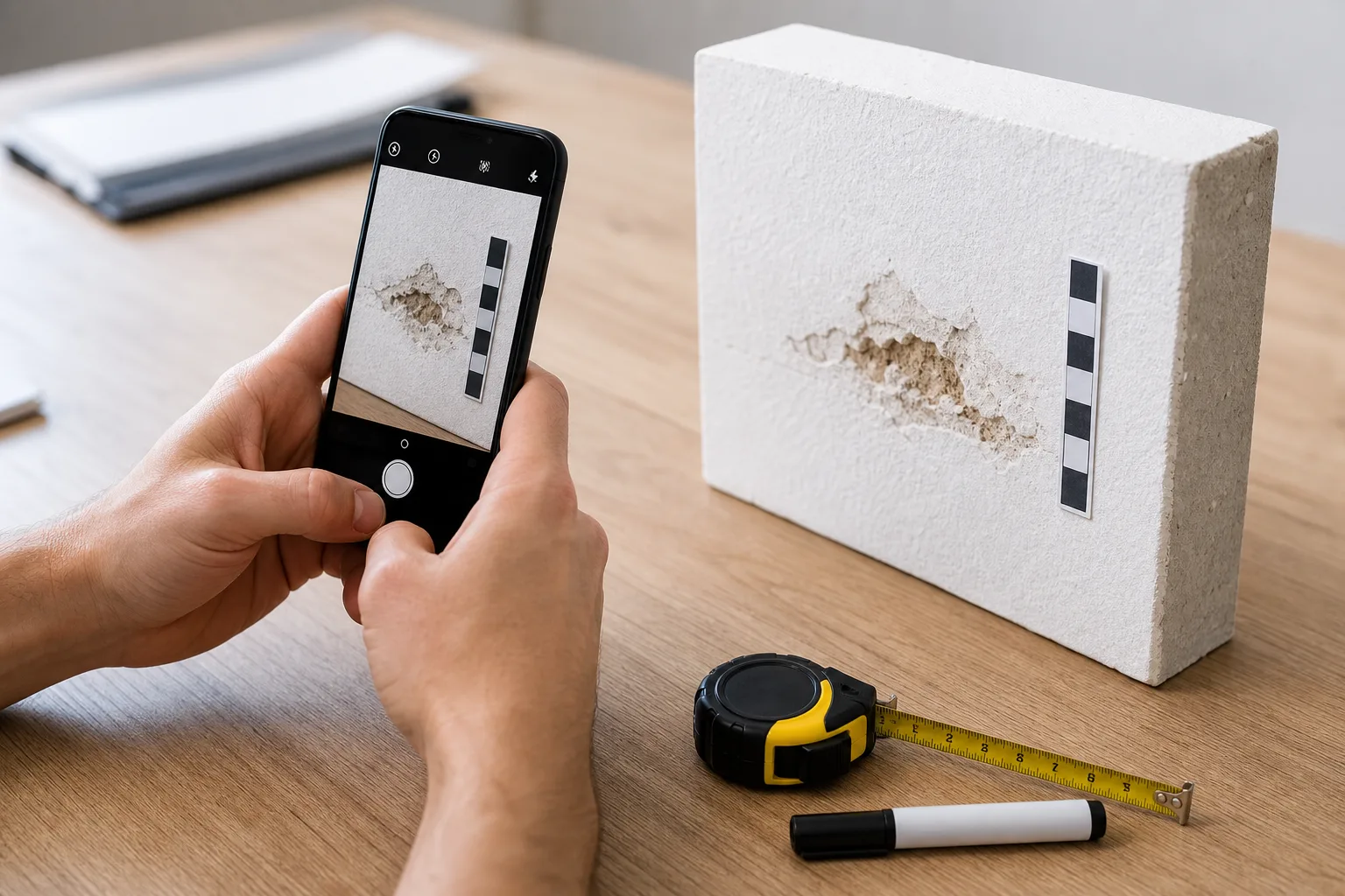Smartphone-Foto einer kleinen Schadstelle an der Wand neben Maßband/Marker (ohne lesbaren Text)