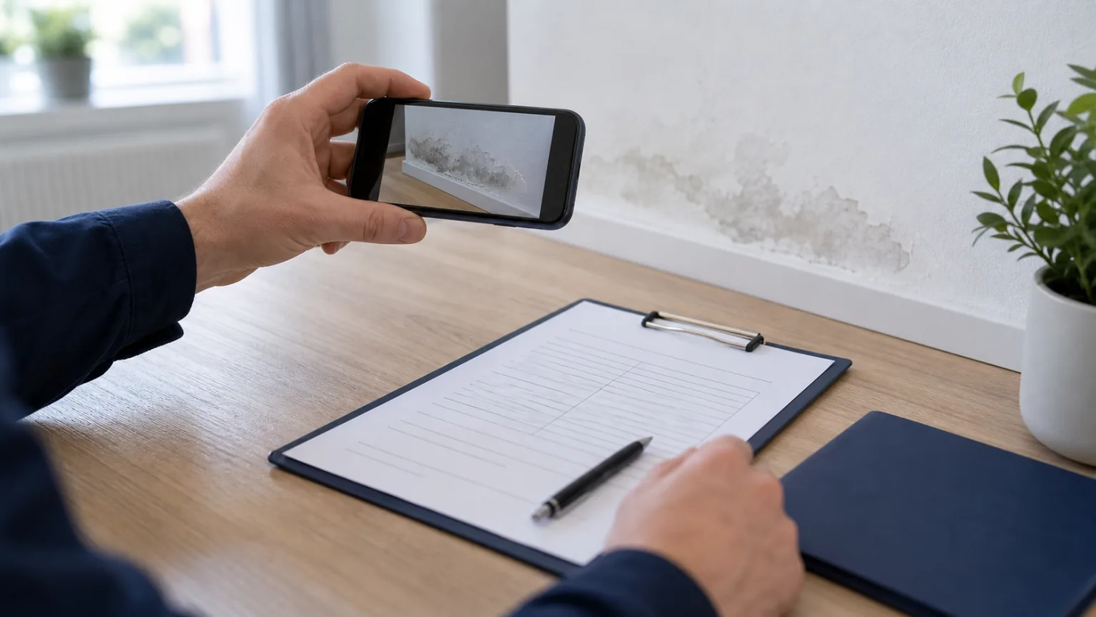 Dokumentation eines Wasserschadens mit Smartphone und neutralem Protokollblatt (ohne lesbaren Text)