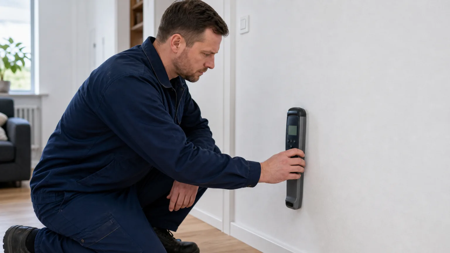 Leitungsortung mit Empfängergerät an einer Wand, technisch neutrale Szene