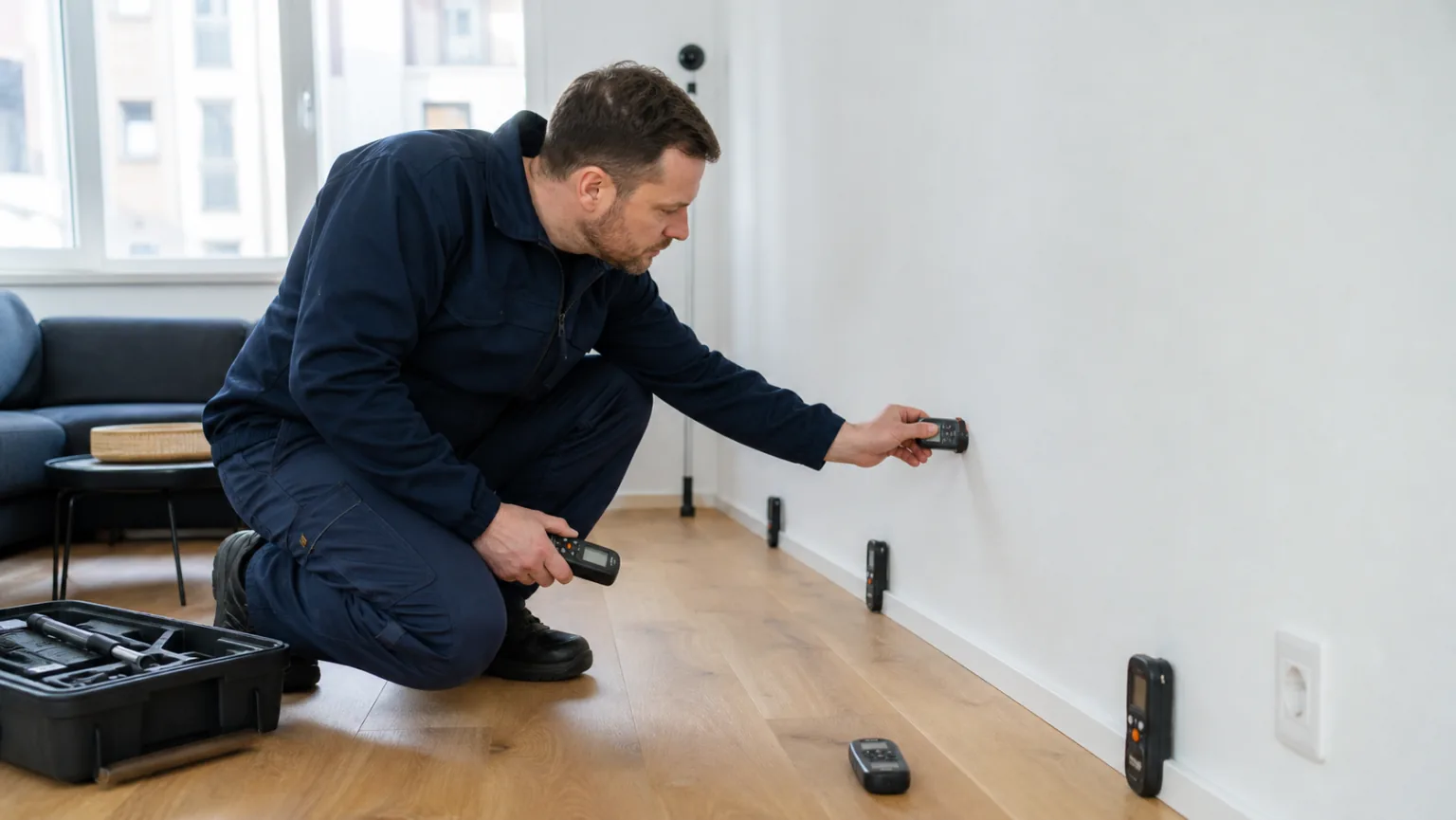 Feuchtemessung an Wand und Boden mit handlichem Messgerät, mehrere Messpunkte werden systematisch geprüft