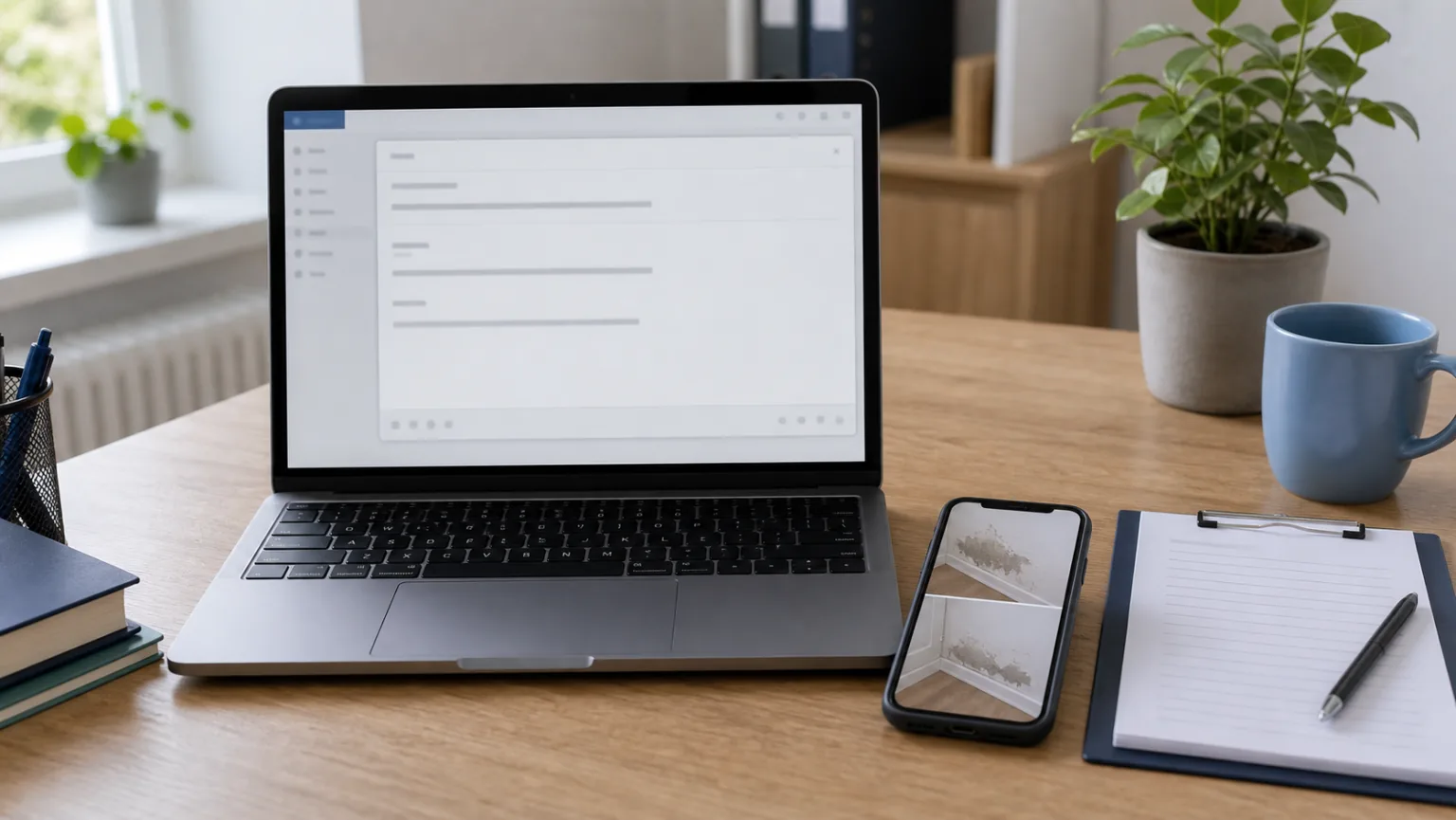 Laptop mit E-Mail-Entwurf (ohne lesbaren Text) und Notizen/Checkliste neben Smartphone-Fotos