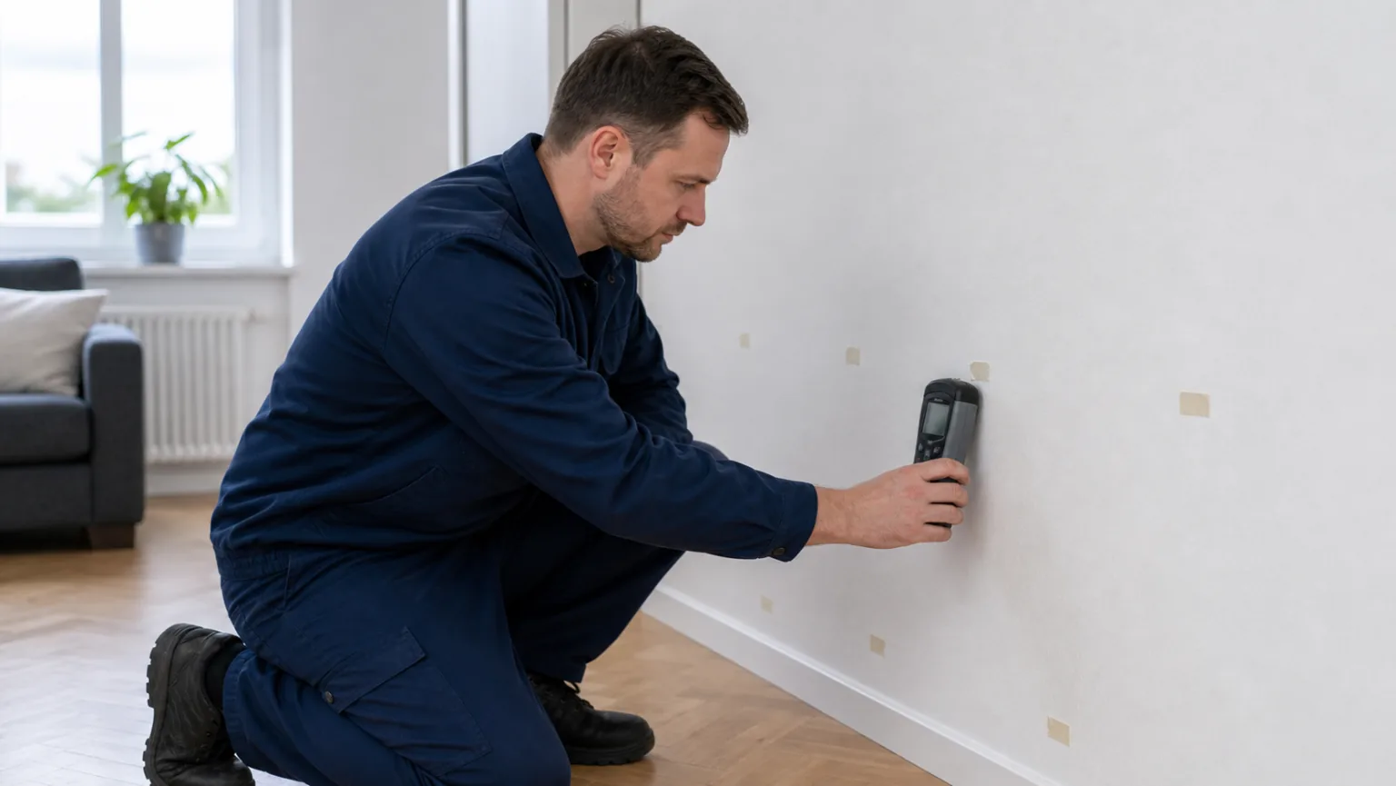 Techniker misst Feuchtigkeit in einer Wohnung und dokumentiert Messpunkte, neutrale Szene