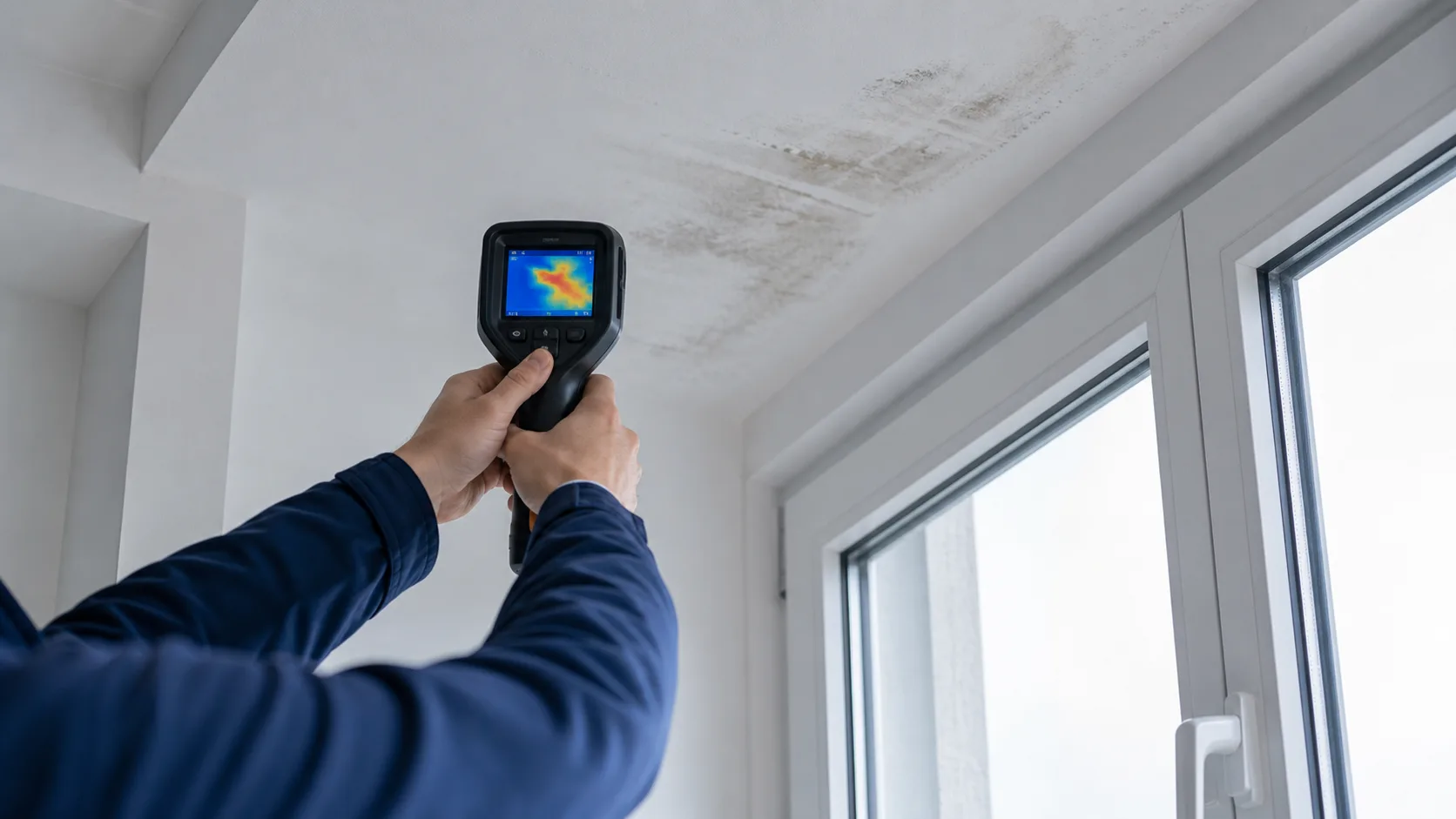 Techniker nutzt Thermografiekamera, um einen Feuchtebereich an einer Decke im Innenraum zu prüfen, ruhige Szene