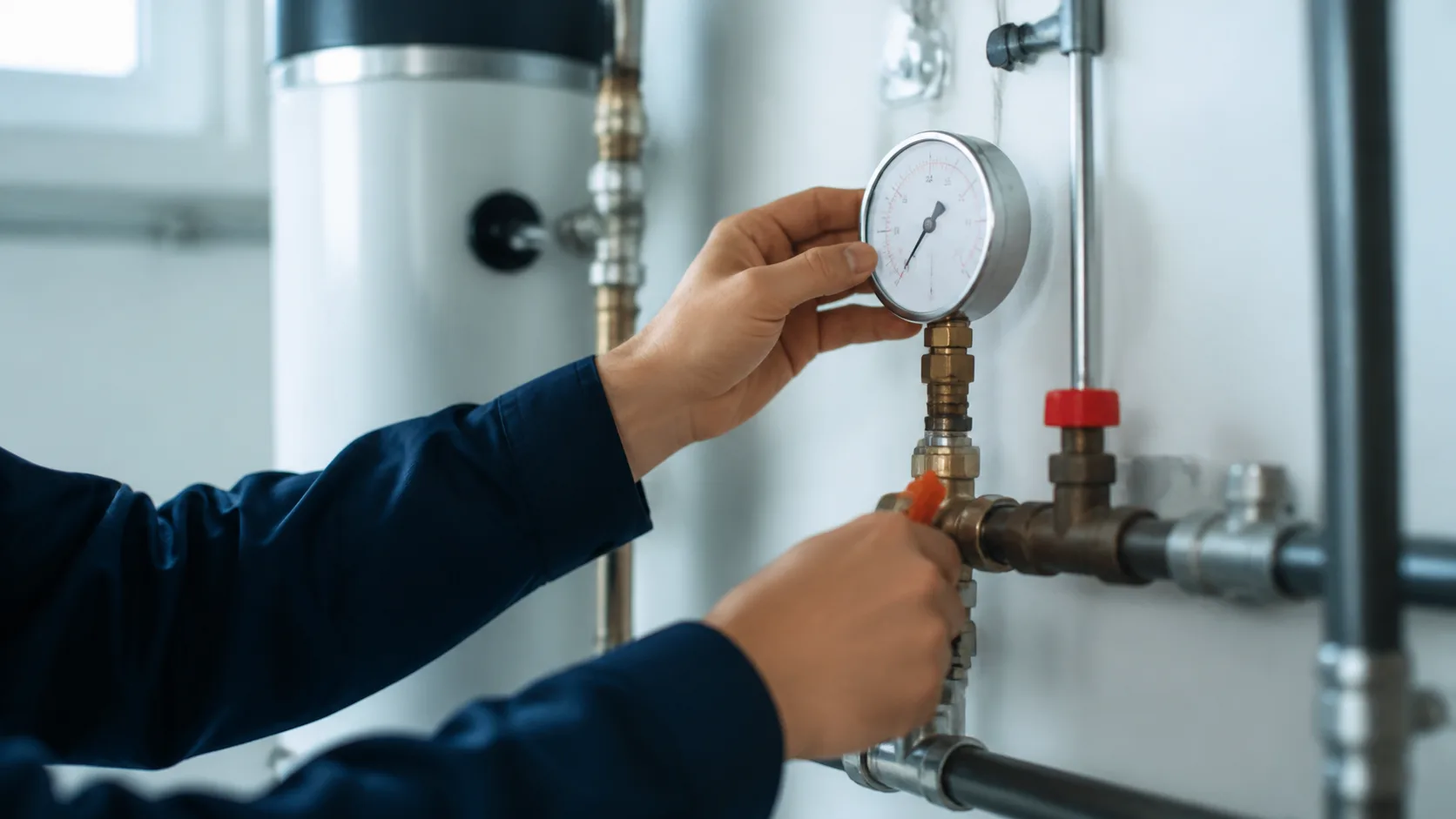 Nahaufnahme eines Heizungstechnikers, der den Heizungsdruck an einem Manometer prüft, ohne sichtbare Marken