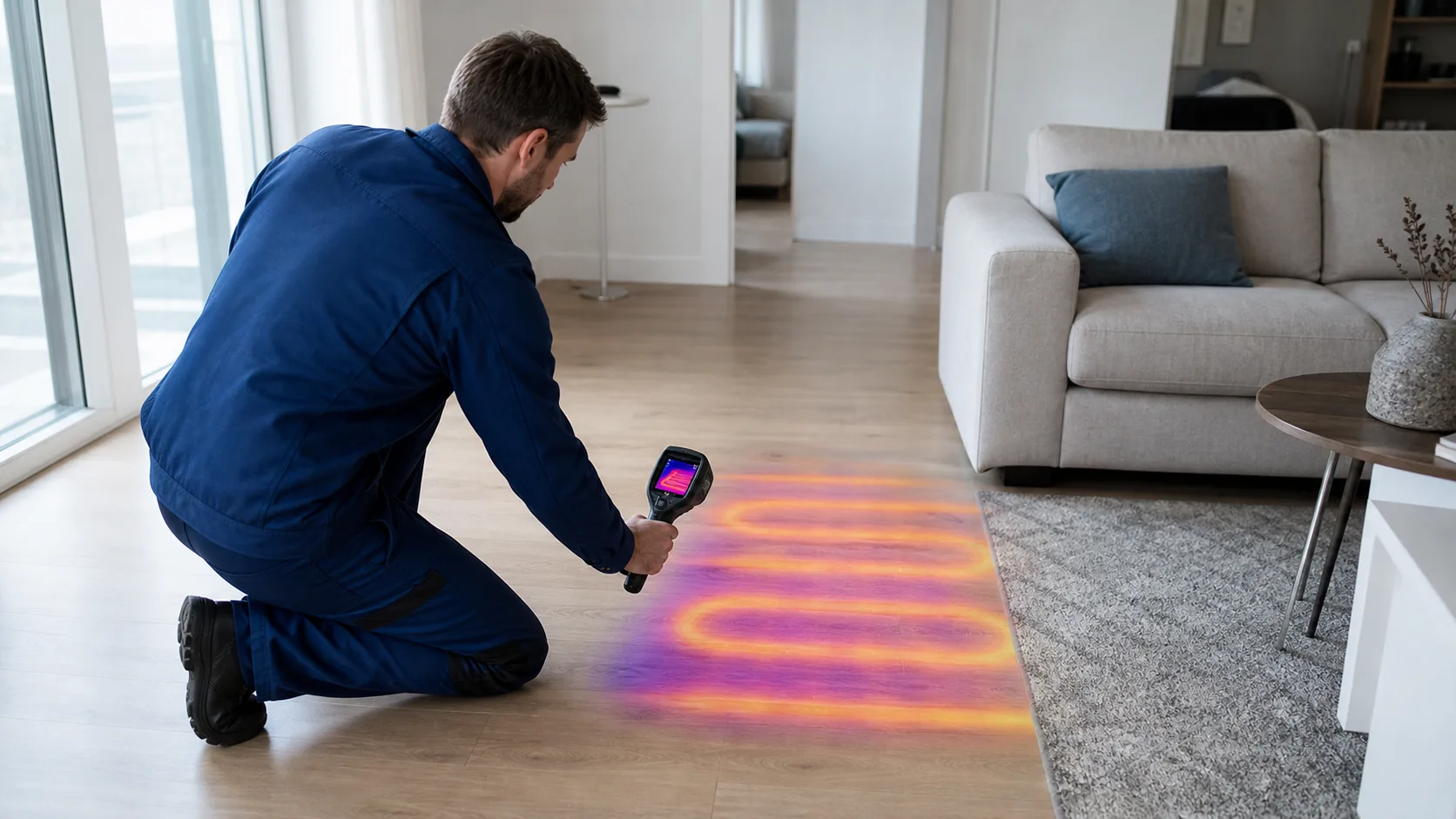 Techniker nutzt eine Thermografiekamera, um eine Fußbodenheizung in einem Wohnraum zu prüfen, ruhige Szene