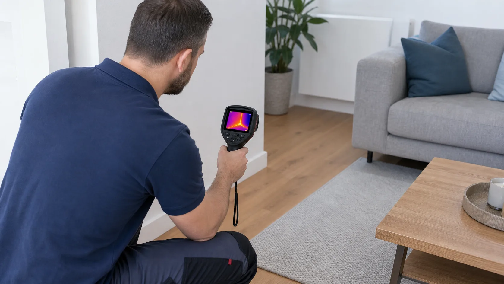 Techniker nutzt Thermografiekamera in einem Wohnraum, um Leitungsverläufe zu erkennen, ohne sichtbare Marken