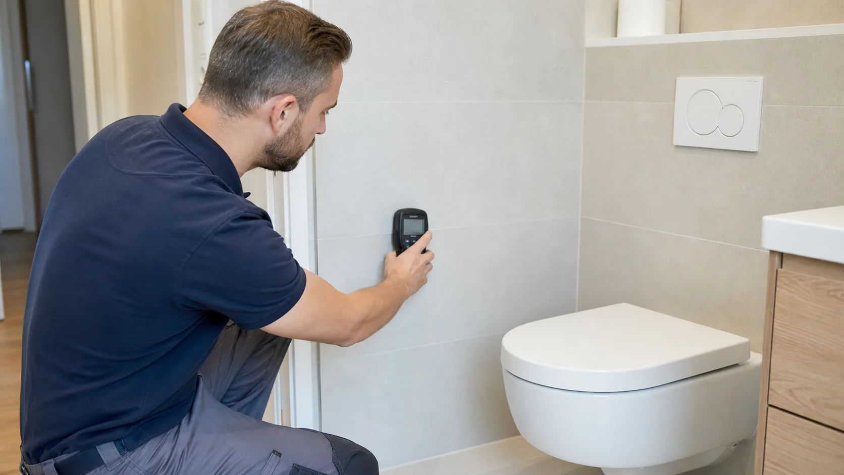 Techniker misst Feuchtigkeit an einer Badezimmerwand neben einem WC mit einem Feuchtemessgerät, ruhige Szene