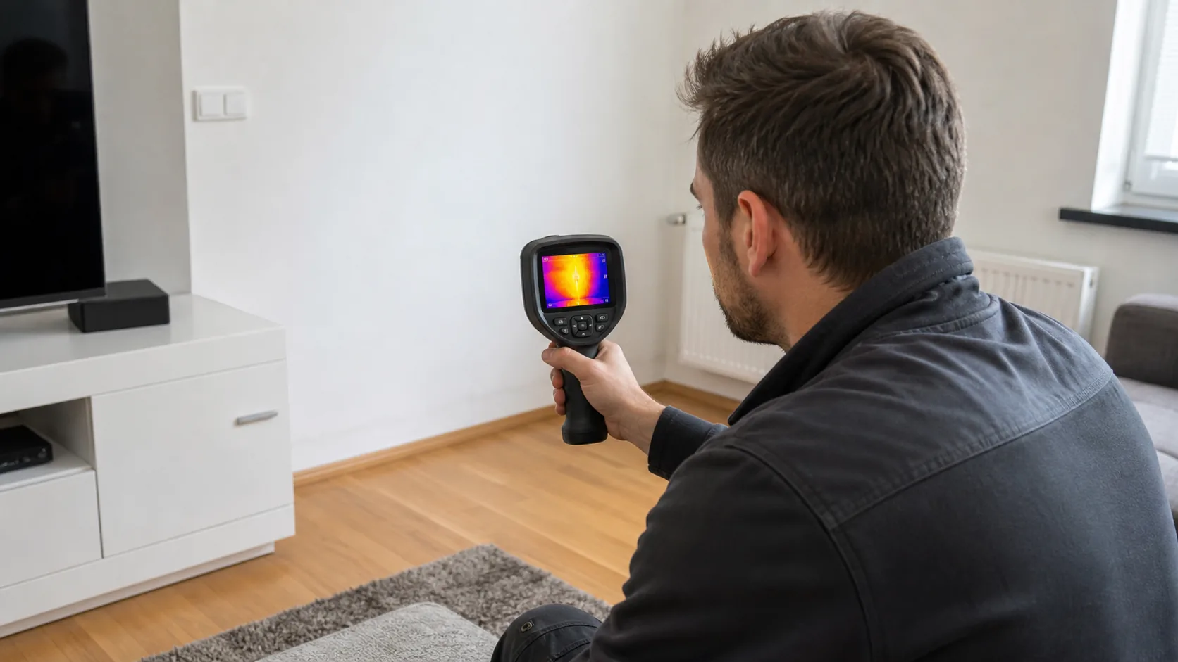 Techniker nutzt Thermografiekamera in einem Wohnraum zur Eingrenzung einer Leckzone, ohne sichtbare Marken