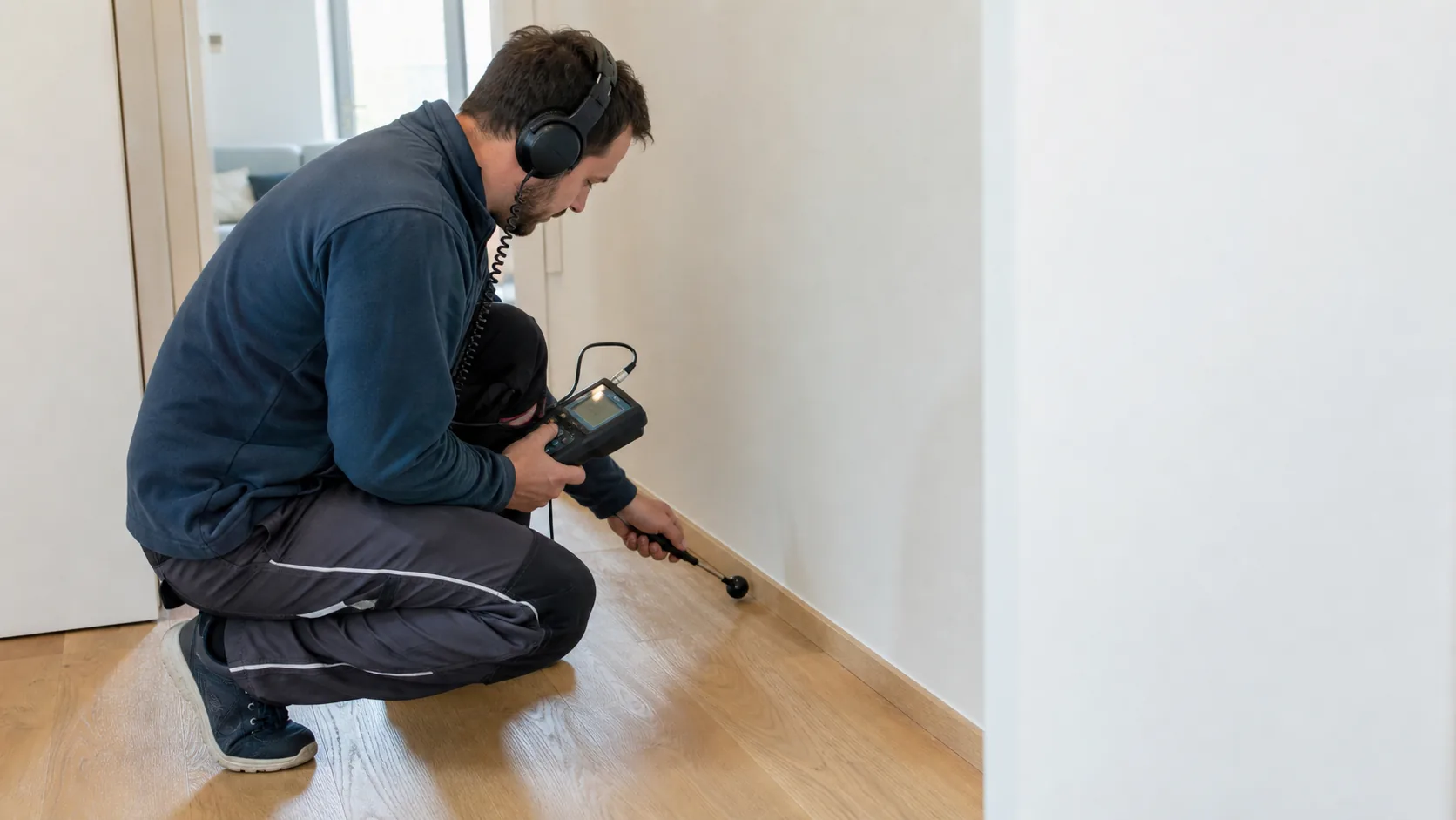 Techniker führt eine Tracergas-Messung in einem Wohnraum nahe Boden und Wand durch, sachliche Szene