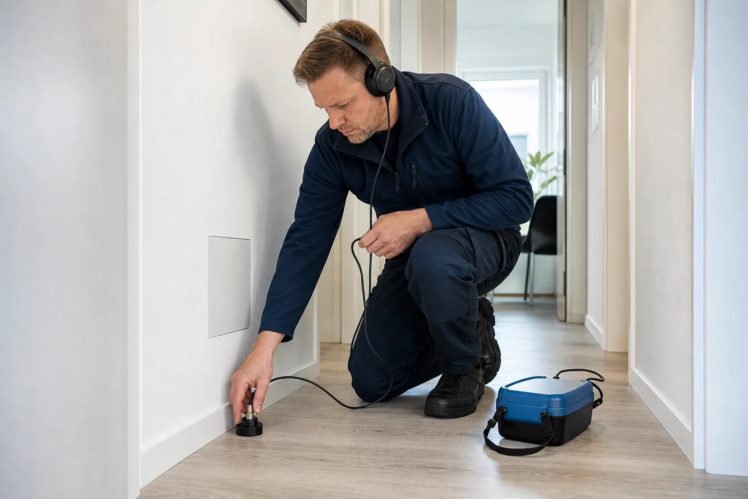 Techniker misst mit einem Bodenmikrofon (Geophon) in einer Wohnung, neutrales Messgerät ohne Logos