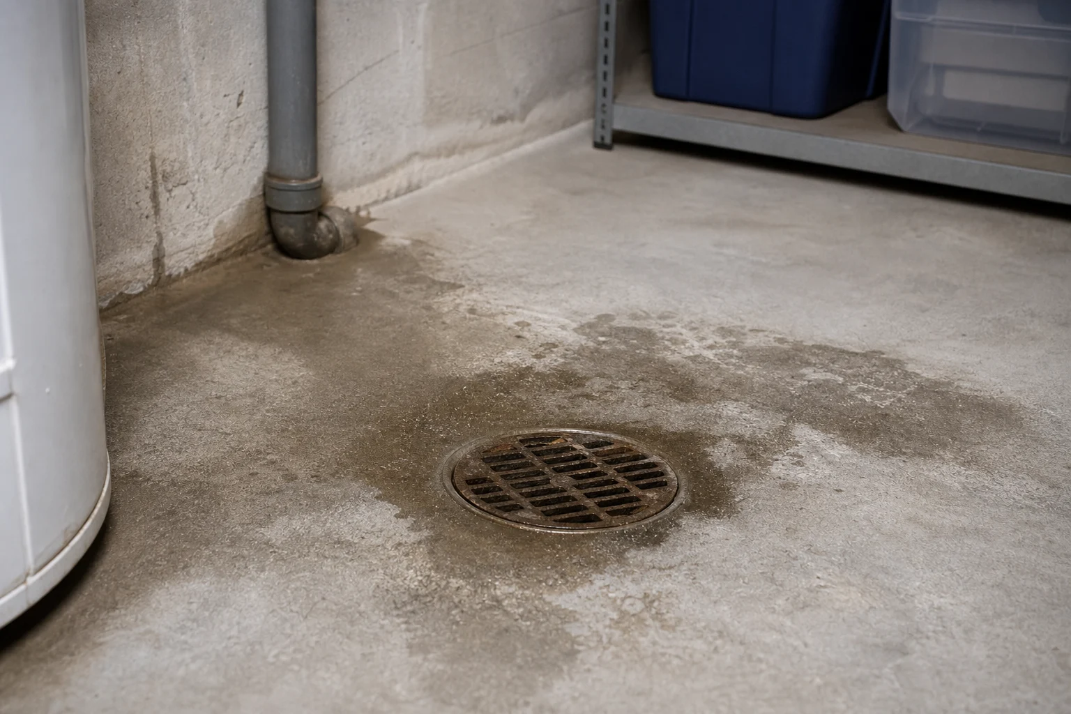 Kellerboden mit Bodenablauf und Feuchtebereich als Beispiel für Rückstau oder Abwasserproblem