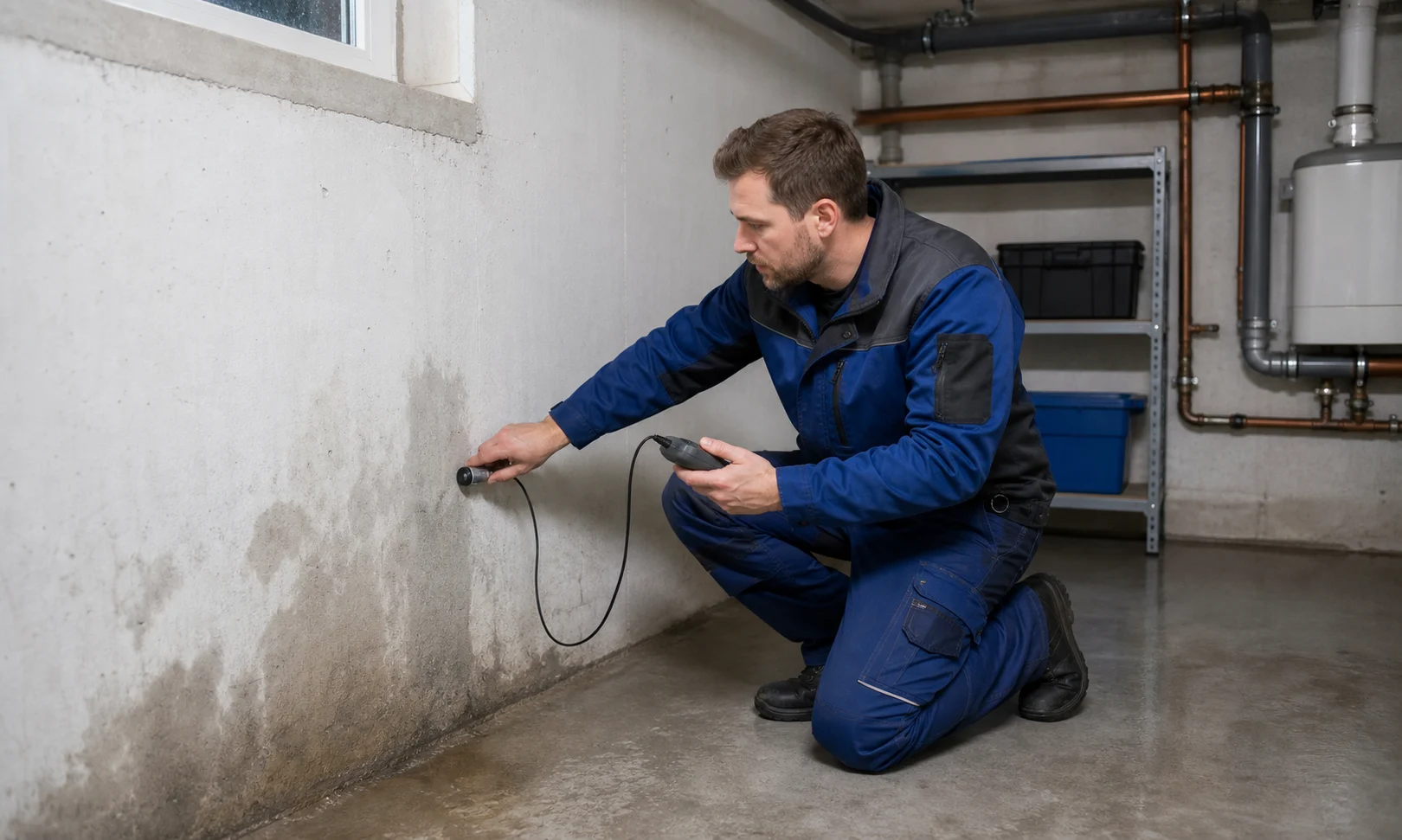 Techniker begutachtet Feuchte in einem Kellerraum mit neutralem Messgerät