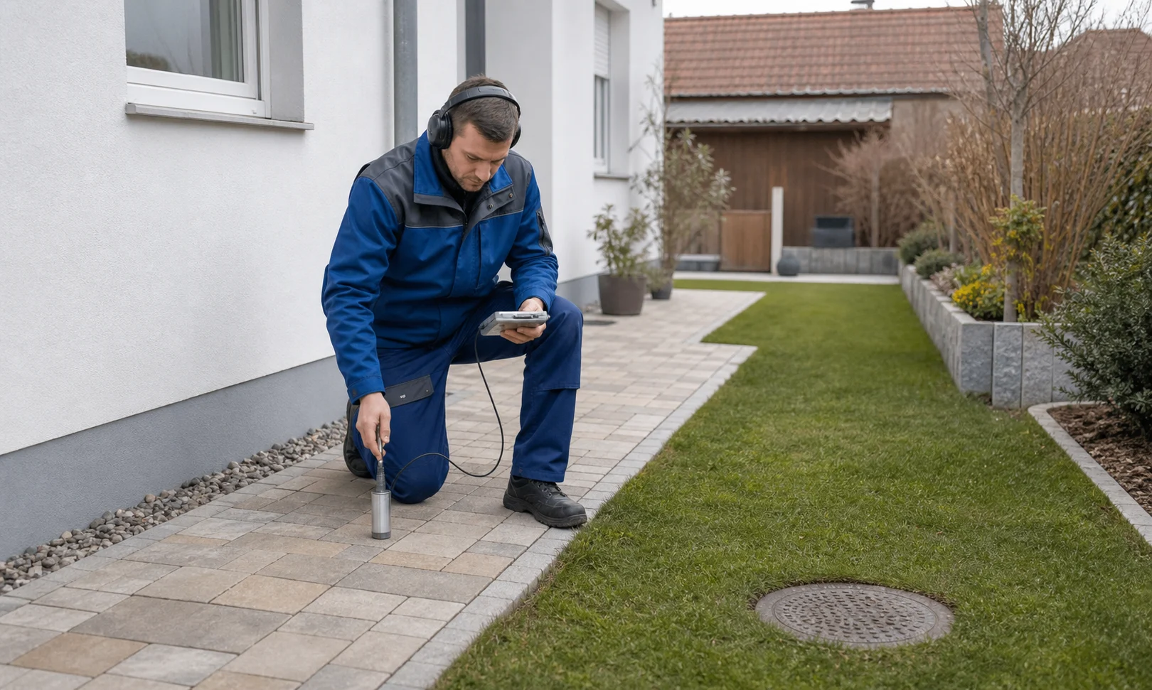 Prüfung einer Außenleitung im Garten mit neutralem Ortungsgerät