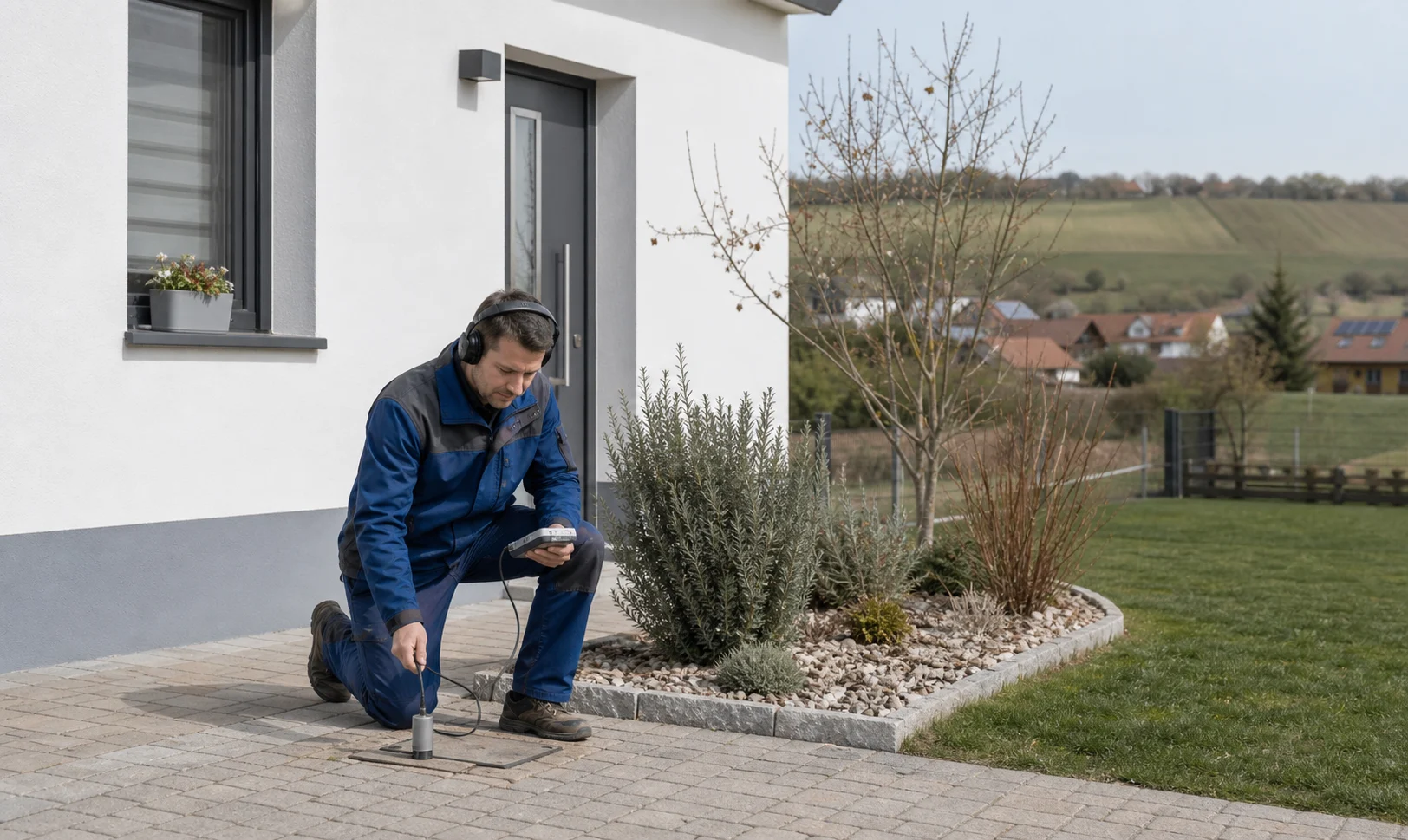 Leckortungstechniker vor einem Einfamilienhaus mit Außenbereich in Niederösterreich