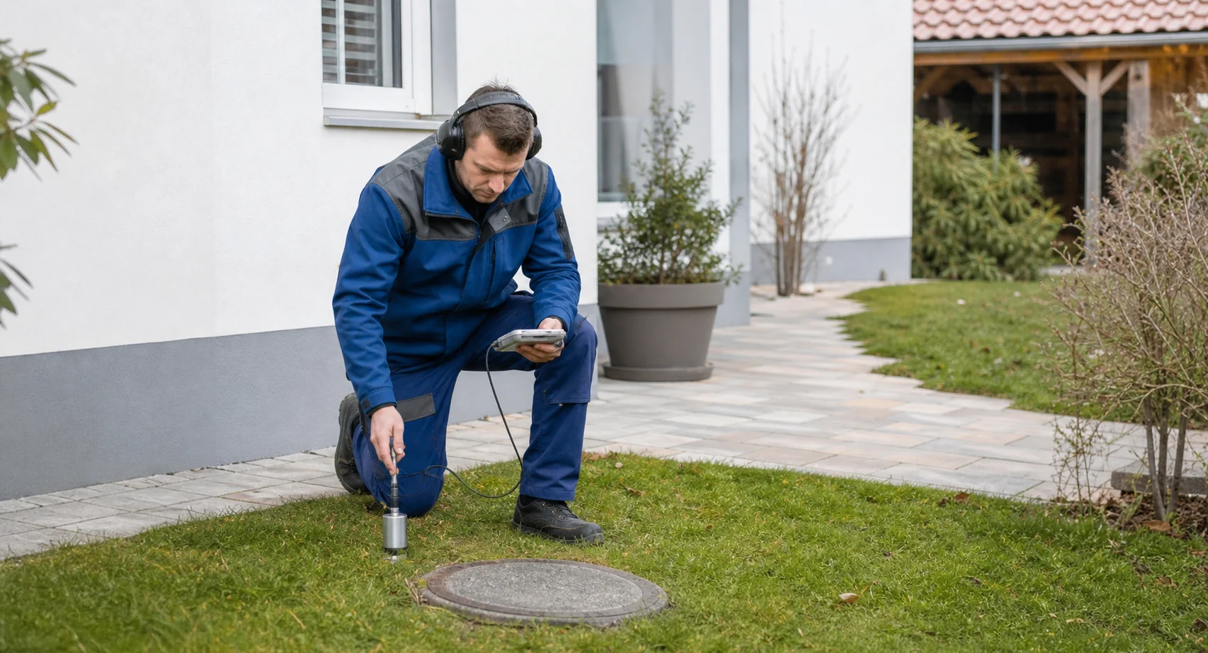 Leckortungstechniker prüft eine Außenleitung im Gartenbereich mit neutralem Messgerät