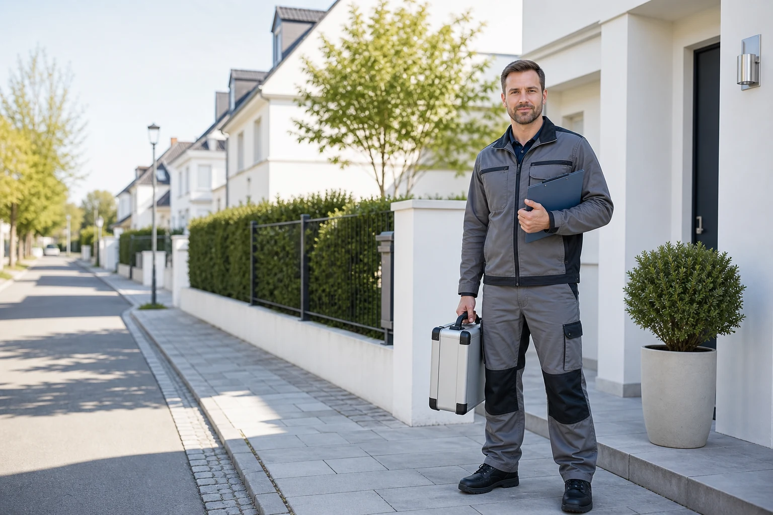 Leckortungstechniker vor einem Wohnhaus in Niederösterreich mit Dokumentationsmappe und Messgerät