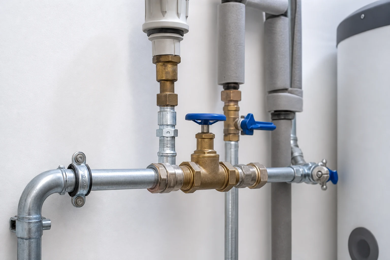 Sichtbare Wasserleitung mit Absperrhahn und Armaturen in einem Hausanschlussbereich
