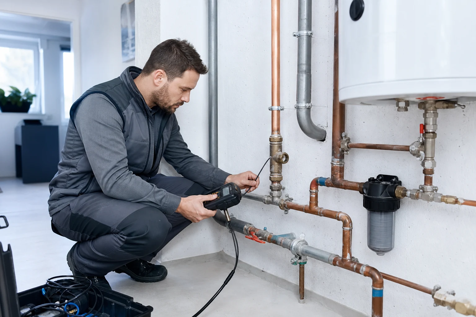 Techniker prüft Leitungen in einem sauberen Technikraum mit neutralem Messgerät und Werkzeug