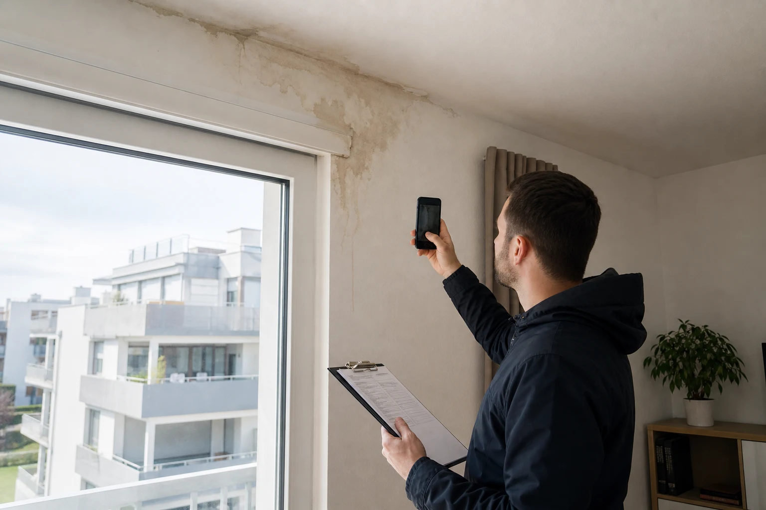 Dokumentation eines Wassereintritts an Fensteranschluss oder oberem Wandbereich in einer Wohnung