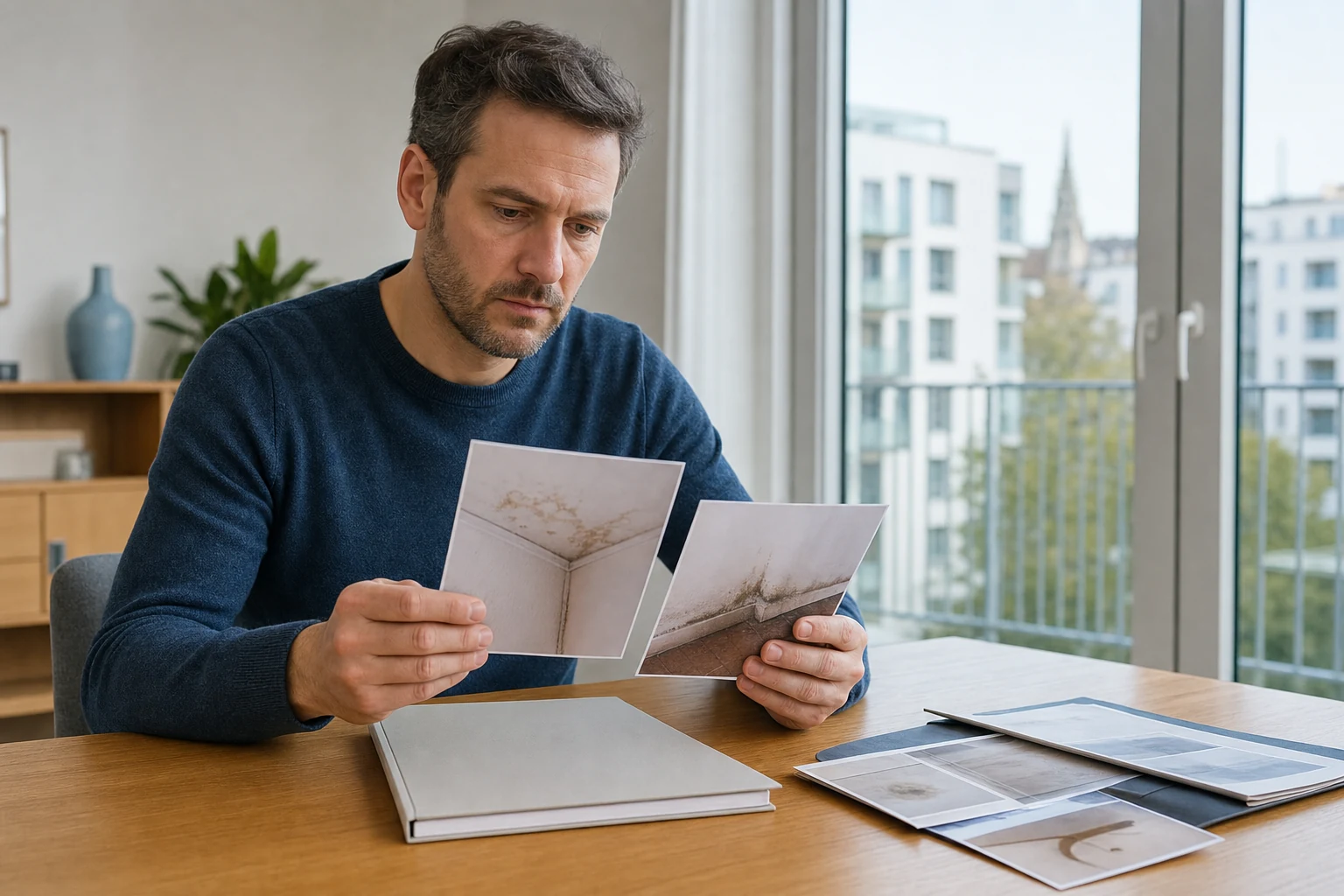 Eigentümerin mit Unterlagen und Fotos eines Wasserschadens in einer Wohnung, sachliche Szene ohne lesbare Dokumente
