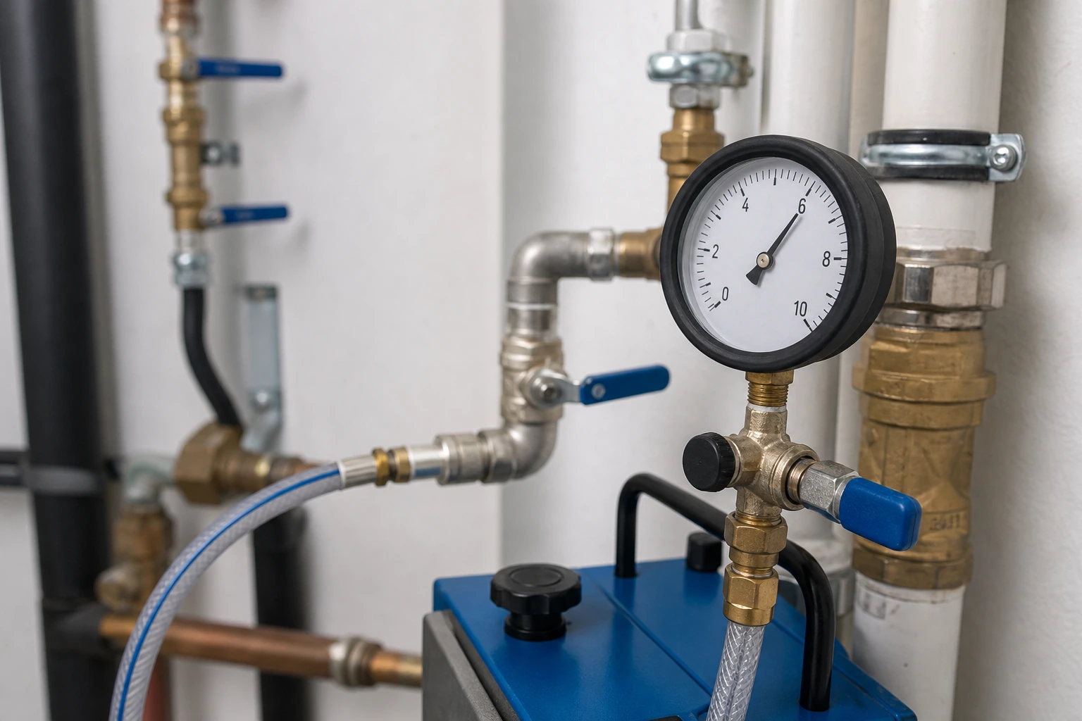 Manometer und Prüfgerät an einem Wasserleitungssystem während einer Druckprüfung