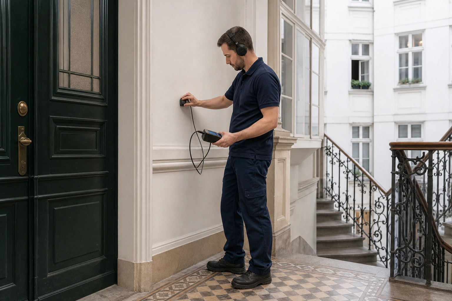Leckortungstechniker in einem Innenhof- oder Stiegenhauskontext eines Wiener Mehrparteienhauses
