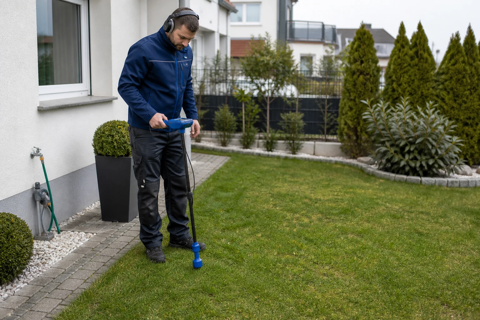 Techniker prueft im Gartenbereich eine vermutete undichte Aussenleitung mit Bodenmessgeraet