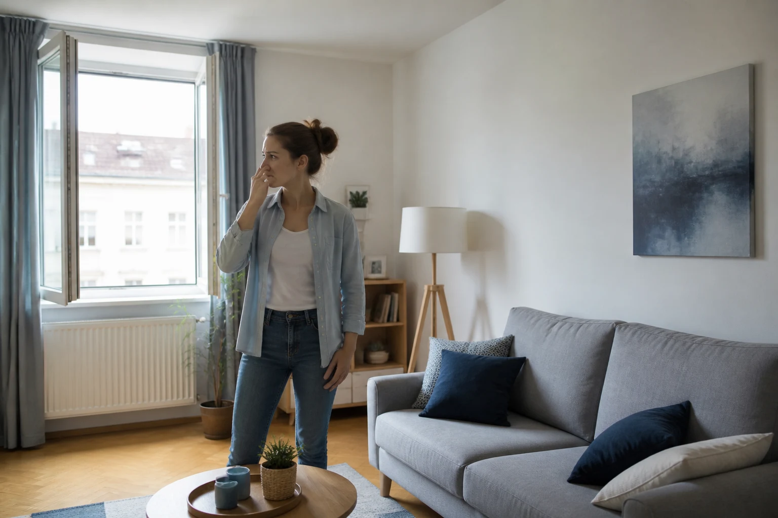Wohnraum mit unauffaelliger Wand und geoeffnetem Fenster, waehrend eine Person einen muffigen Geruch wahrnimmt
