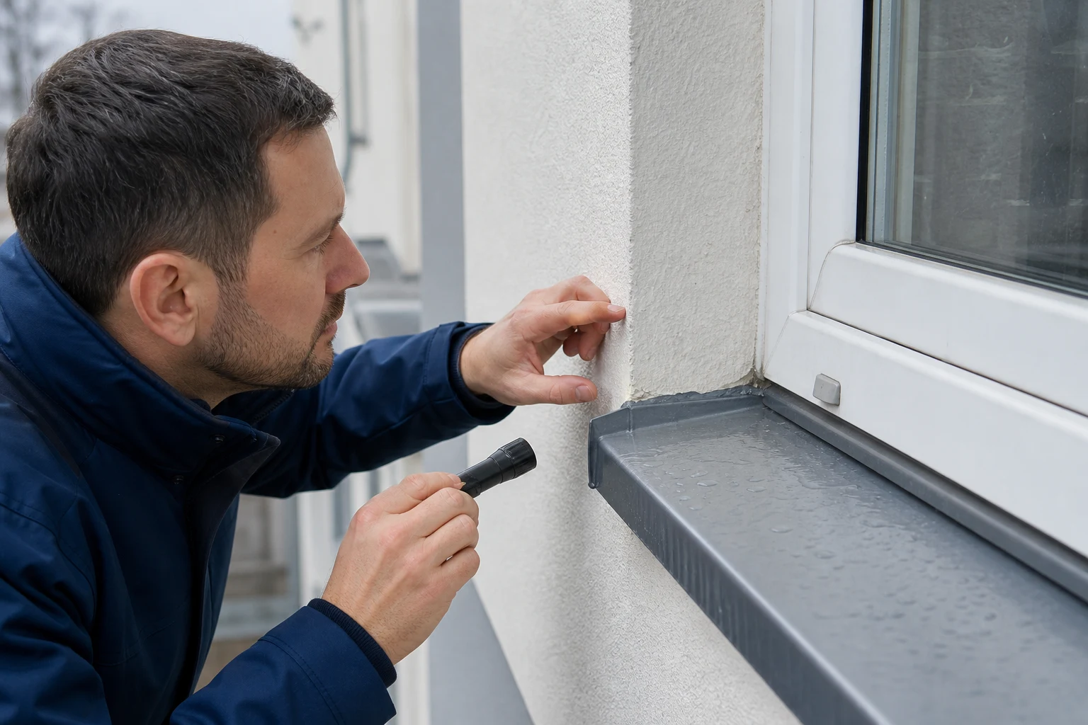 Pruefung eines Fassaden- und Fensteranschlusses an einem Wohnobjekt