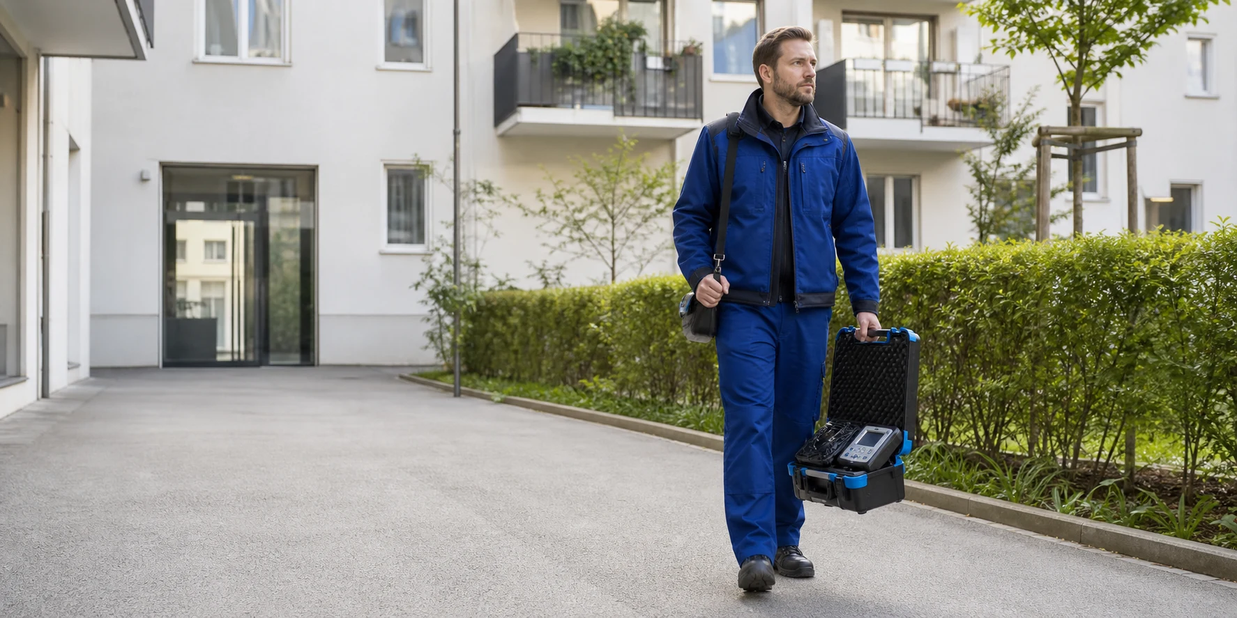 Leckortungstechniker vor einer Wohnanlage in Wien-Favoriten mit Messkoffer