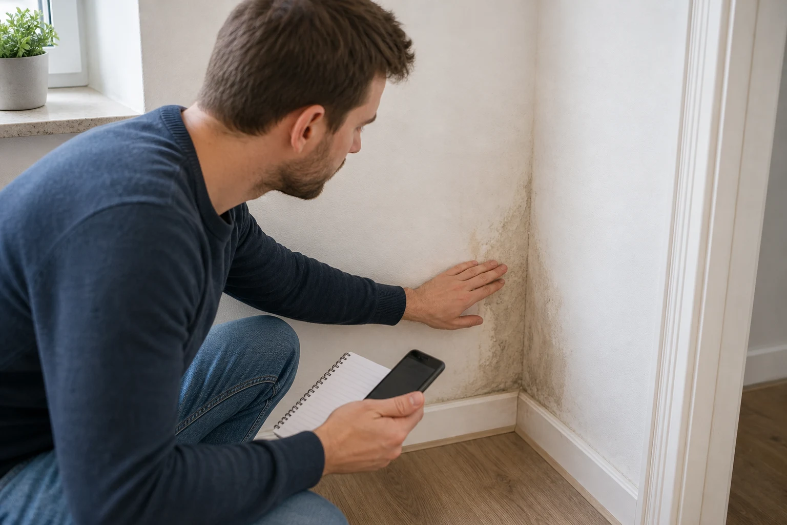 Nahaufnahme einer verdächtigen Feuchtezone an Wand und Sockel bei einer ruhigen Erstpruefung